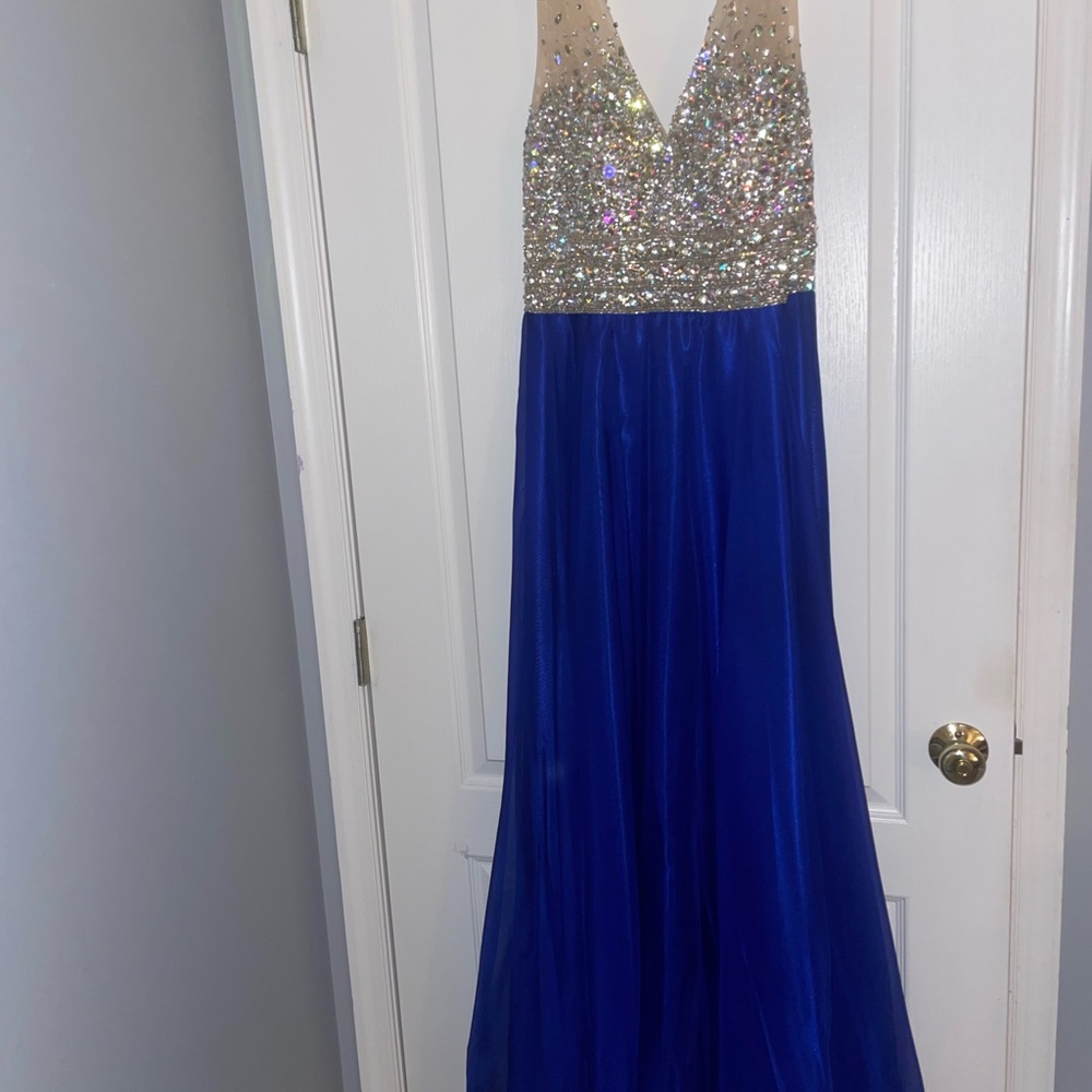 Jovani royal blue and silver sequin prom dress